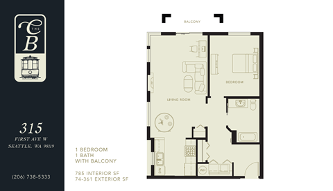 Floor plan for 1 bed, 1 bath, 780 sqft